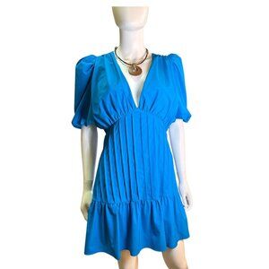 Tcec Womens Blue Pleated Mini Dress With Puff Sleeves & V-Neck Size M EUC
